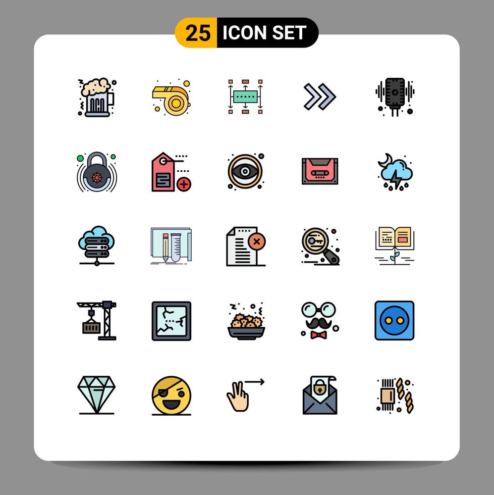 paquete de 25 modernos signos y símbolos de colores planos de línea rellena para medios de impresión web, como flechas de micrófono comerciales de grabación de audio, elementos de diseño de vectores editables