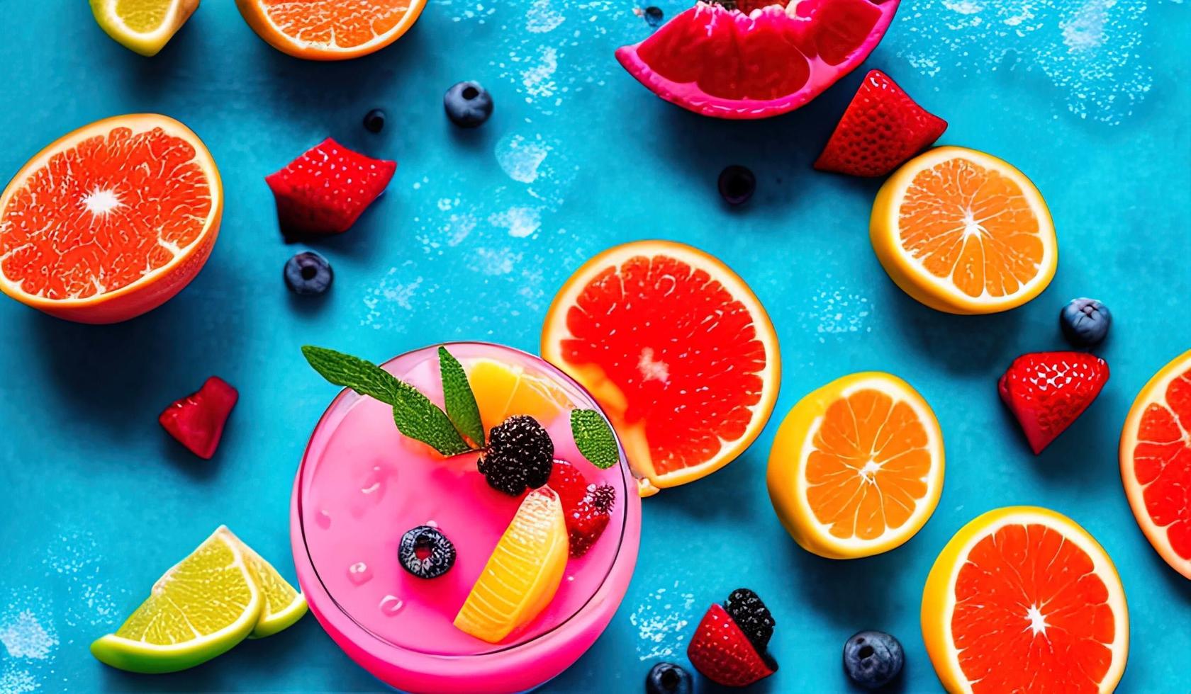 professional food photography closeup of Tropical fruit summer coctail with red grapefruit, berries and ice on blue background photo