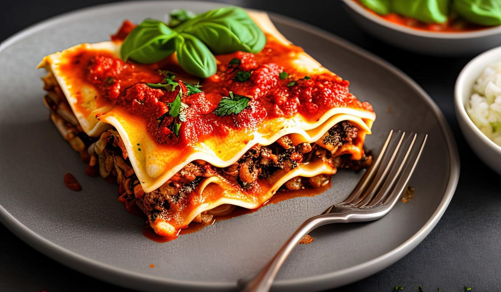 professional food photography close up of a Plate of lasagna on a dark gray background photo