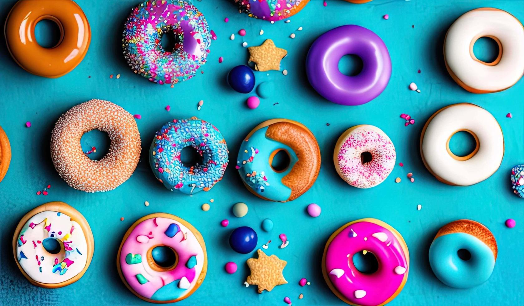 professional food photography closeup of Various decorated moving doughnuts falling on blue background photo