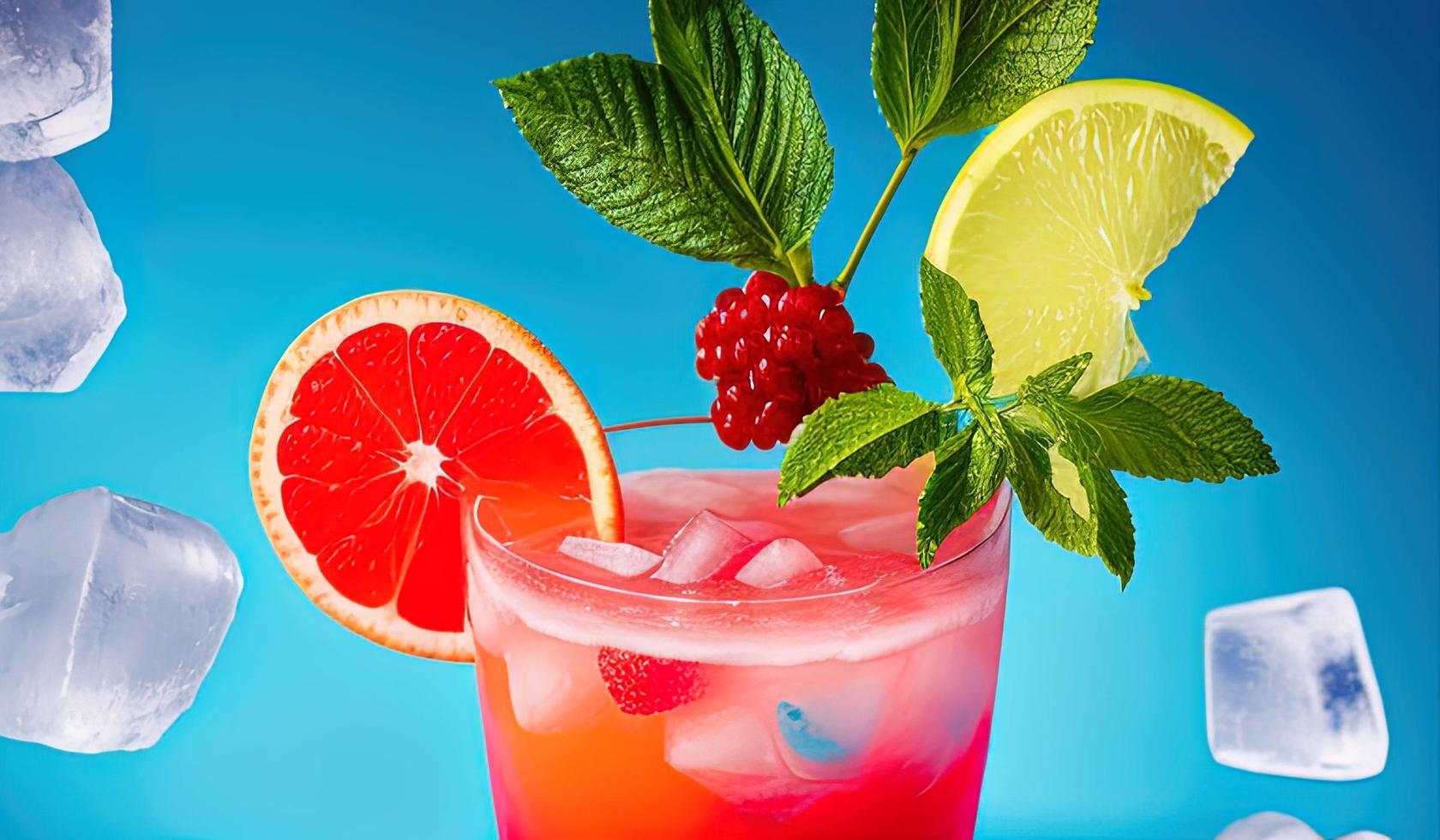 professional food photography closeup of Tropical fruit summer coctail with red grapefruit, berries and ice on blue background photo