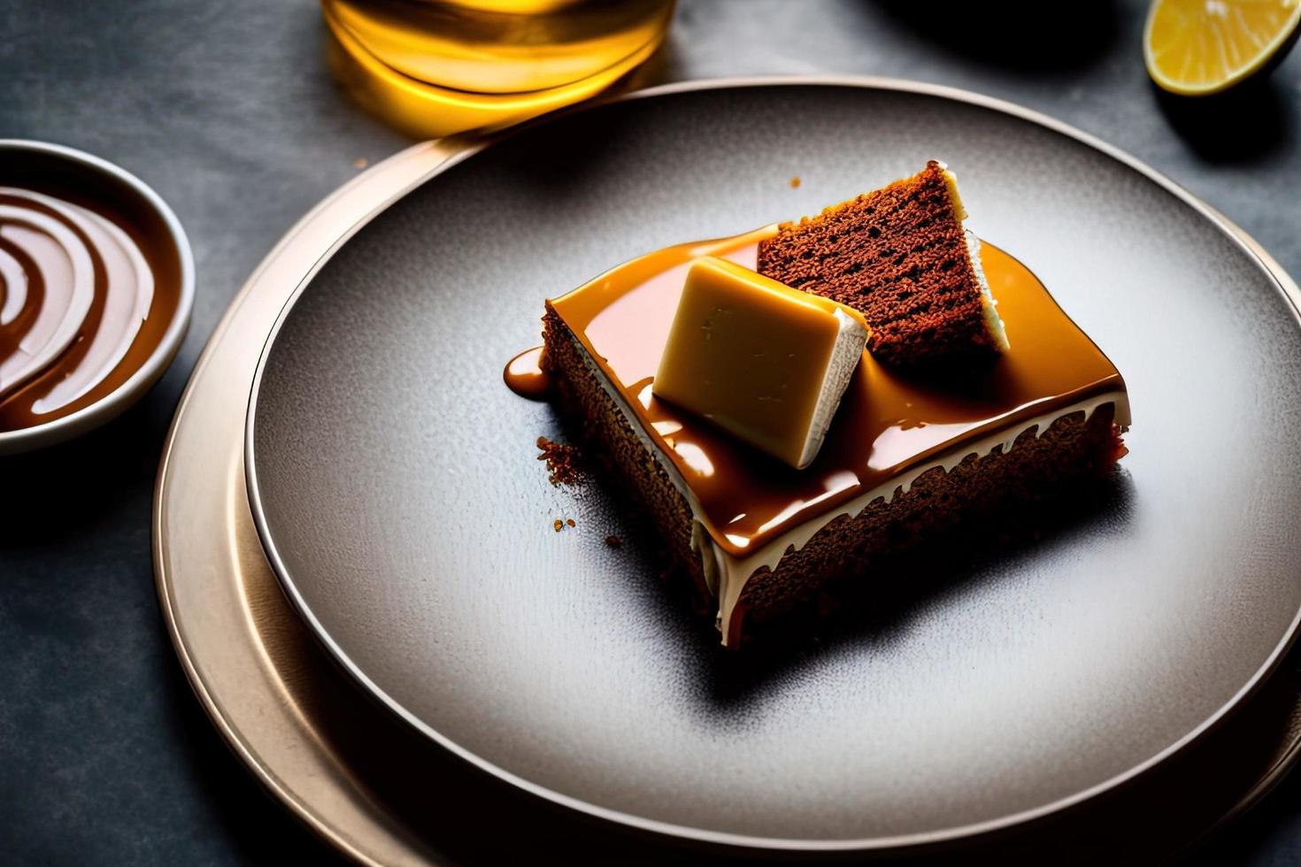 professional food photography of a cake sitting on top of a white plate photo