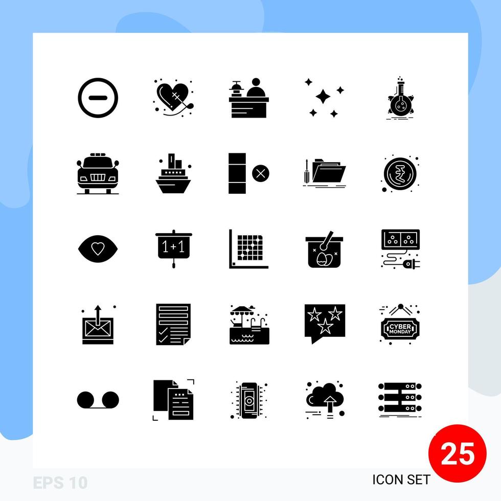 25 Thematic Vector Solid Glyphs and Editable Symbols of flask research hotel sky night stars Editable Vector Design Elements