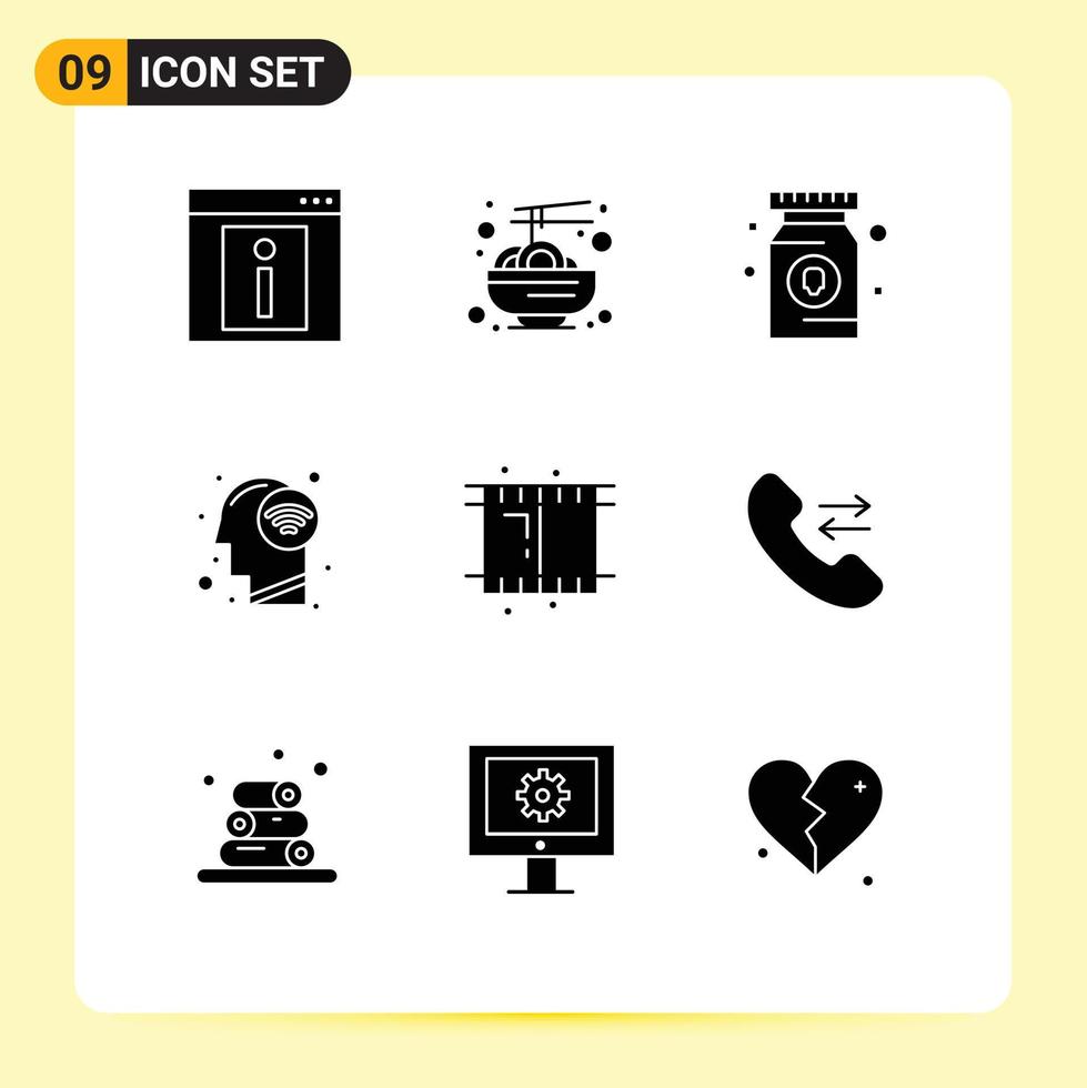 Editable Vector Line Pack of 9 Simple Solid Glyphs of film mind noodle human pill Editable Vector Design Elements