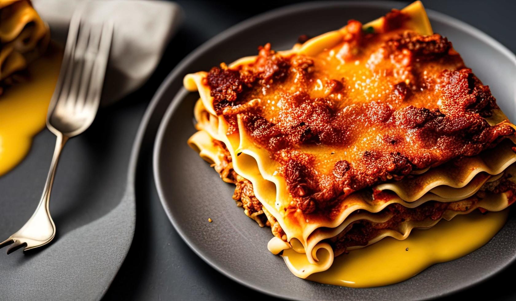 professional food photography close up of a Plate of lasagna on a dark gray background photo