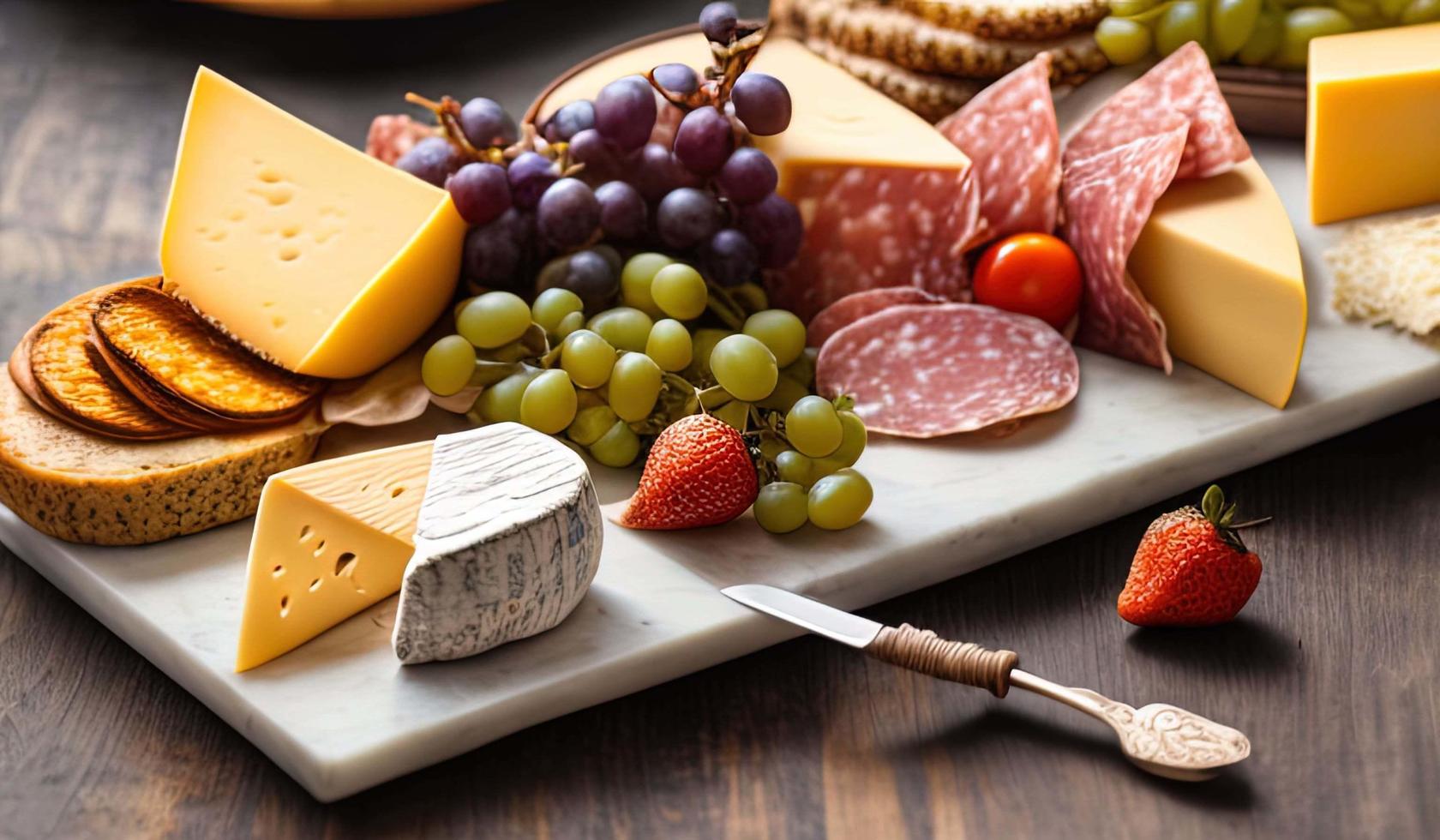 fotografía de comida profesional primer plano de una tabla de quesos y embutidos sentada encima de una mesa foto