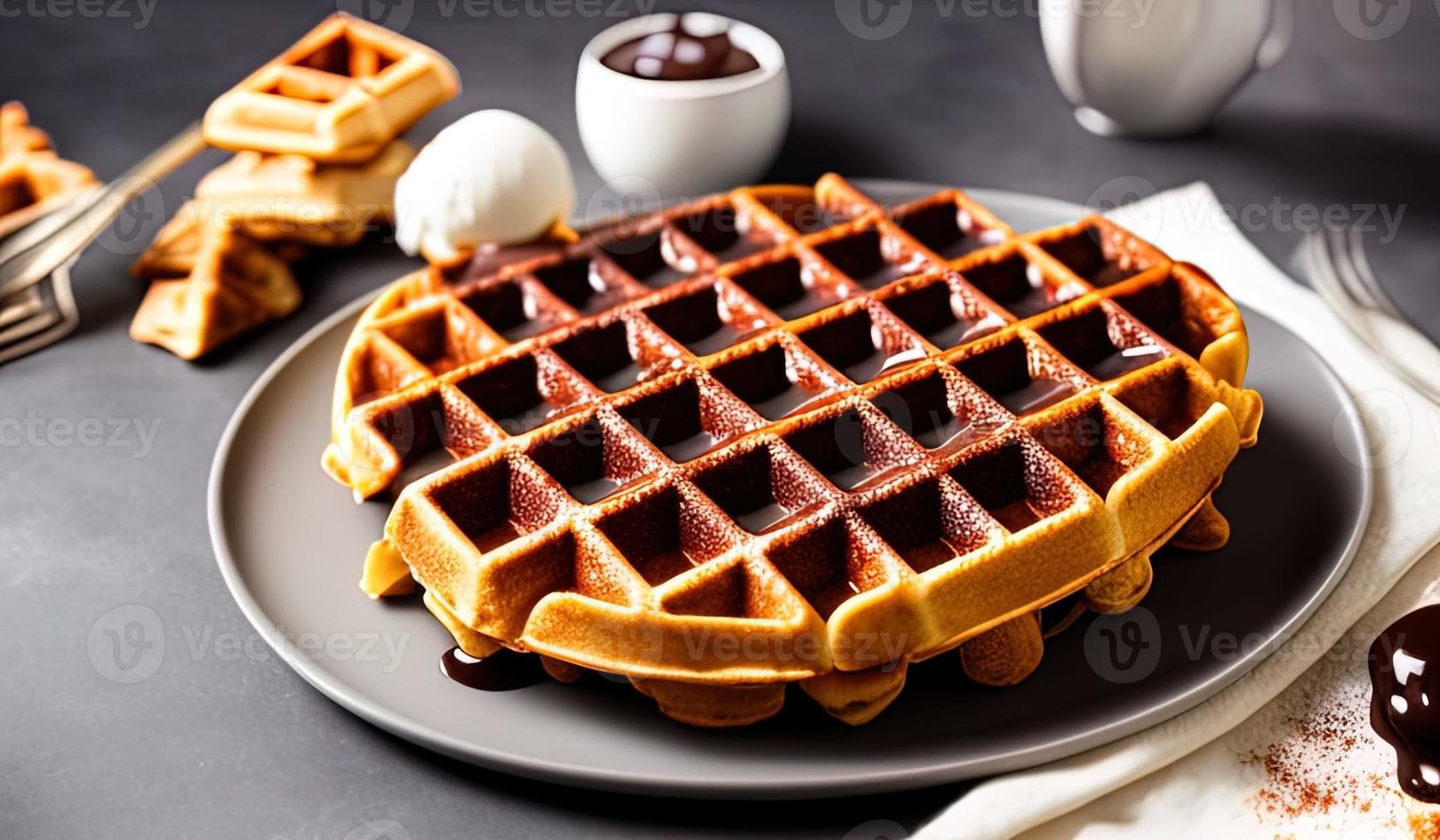 professional food photography close up of a Plate of Belgian waffles with chocolate sauce and ice cream on a dark gray background photo