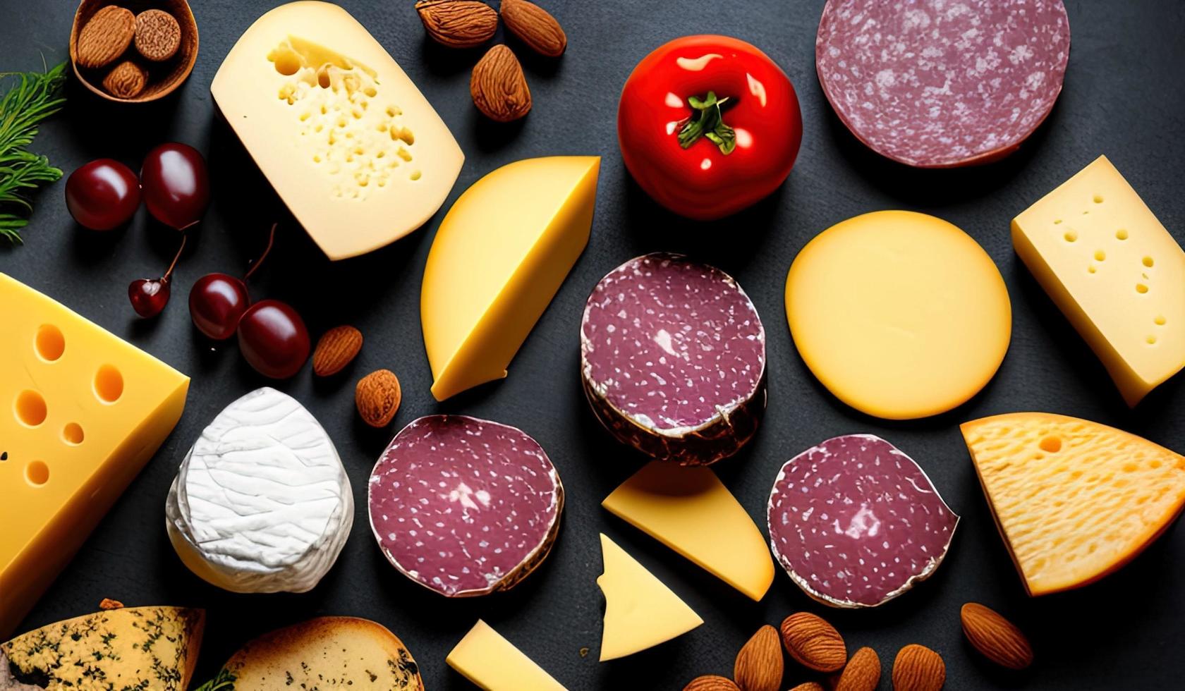 rofessional food photography close up of a Cheese and charcuterie board sitting on top of a table photo