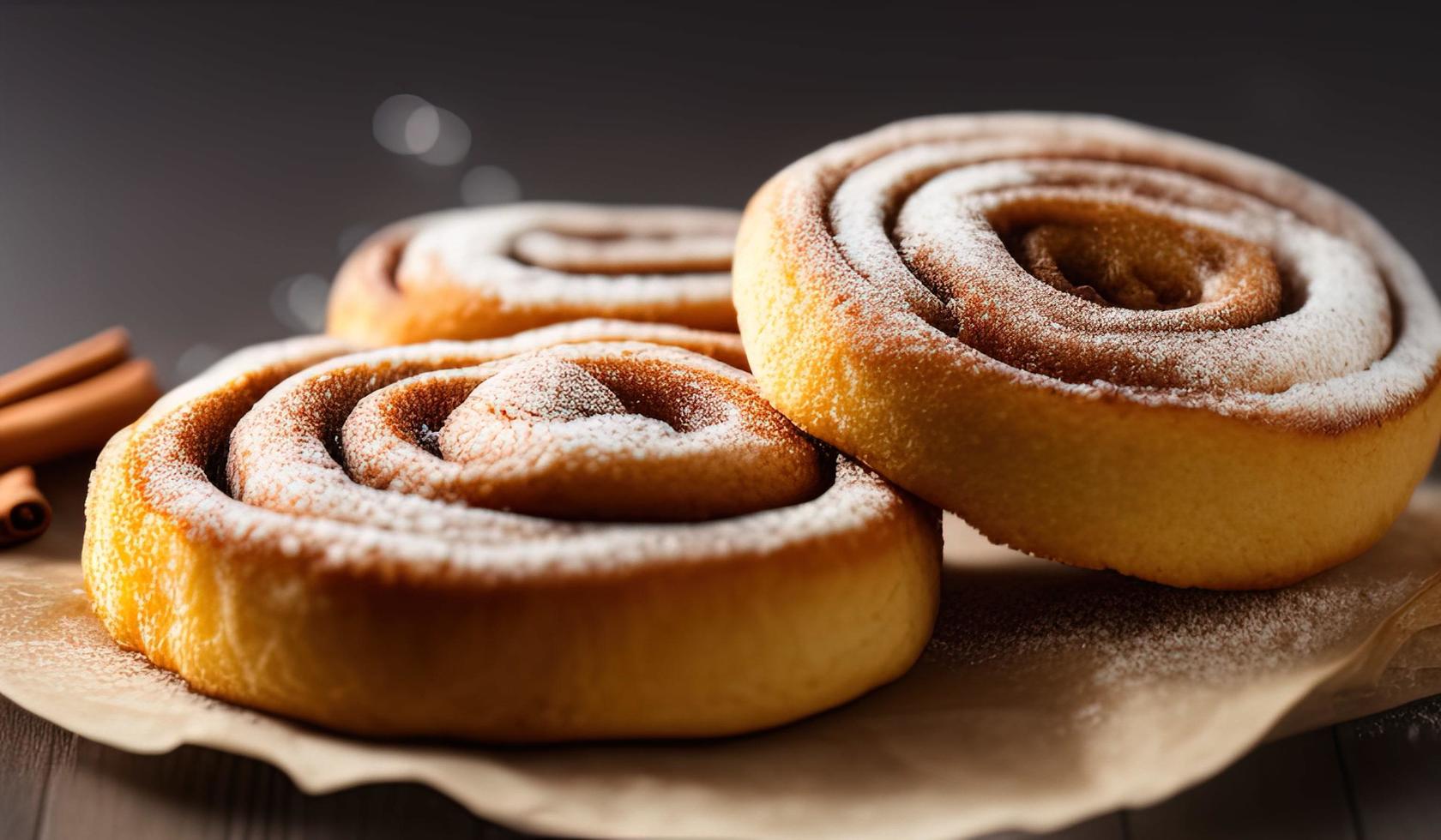 dvertising professional food photography close up of a pile of cinnamon rolls covered in sugar photo