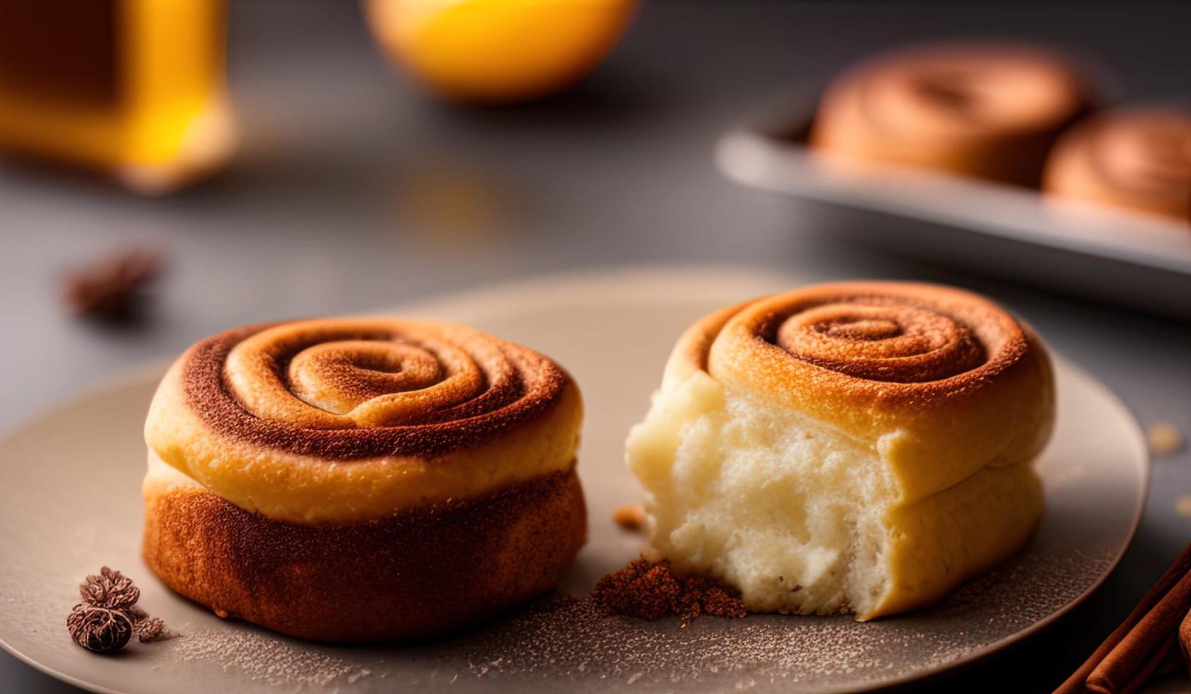 dvertising professional food photography close up of a pile of cinnamon rolls covered in sugar photo