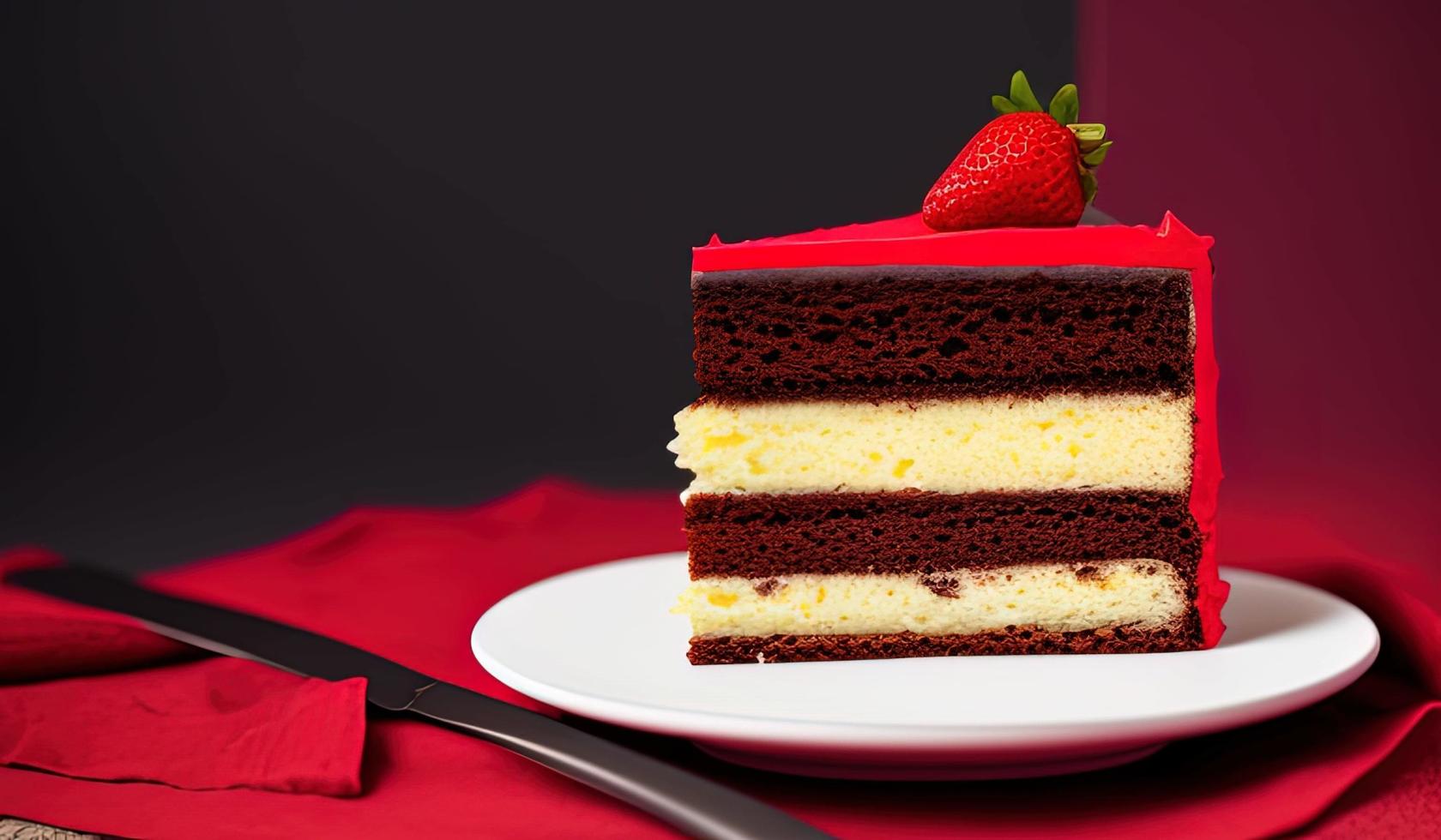 professional food photography of a piece of cake sitting on top of a red plate photo