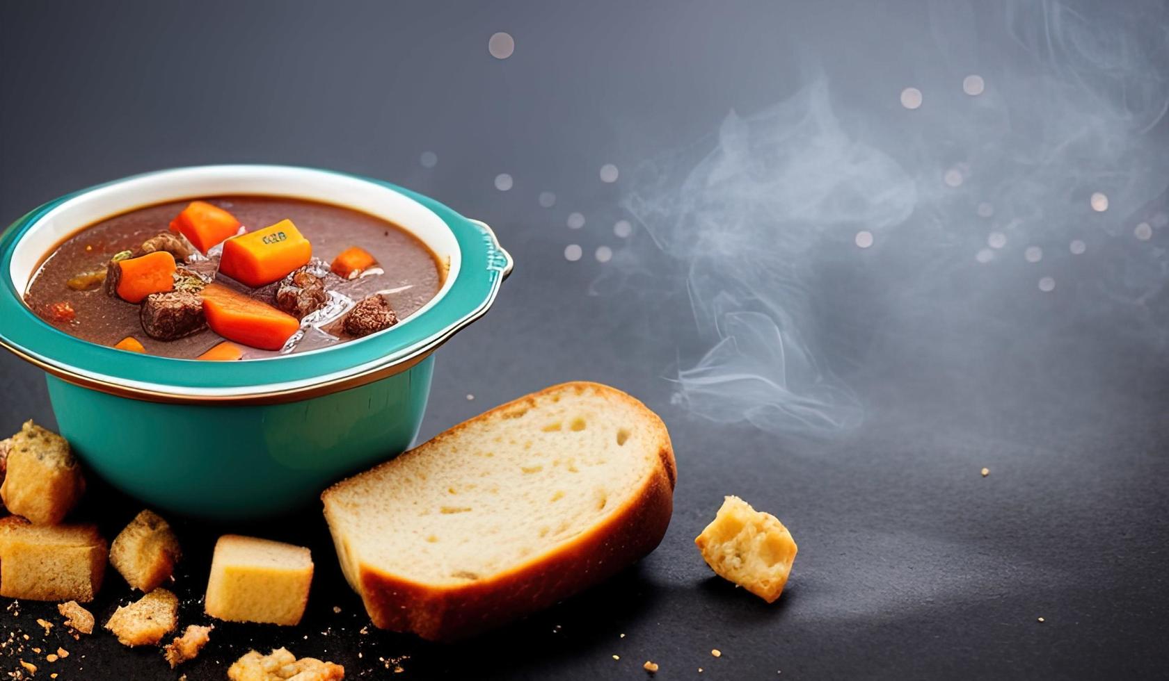 fotografía profesional de alimentos primer plano de un plato de estofado de ternera con pan al lado foto