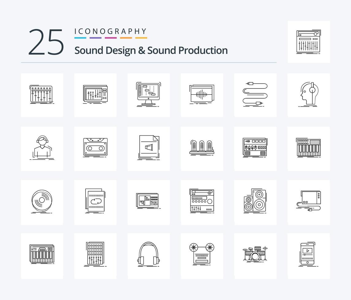 paquete de íconos de 25 líneas de diseño y producción de sonido que incluye cable. audio. digital. ola. hercios vector