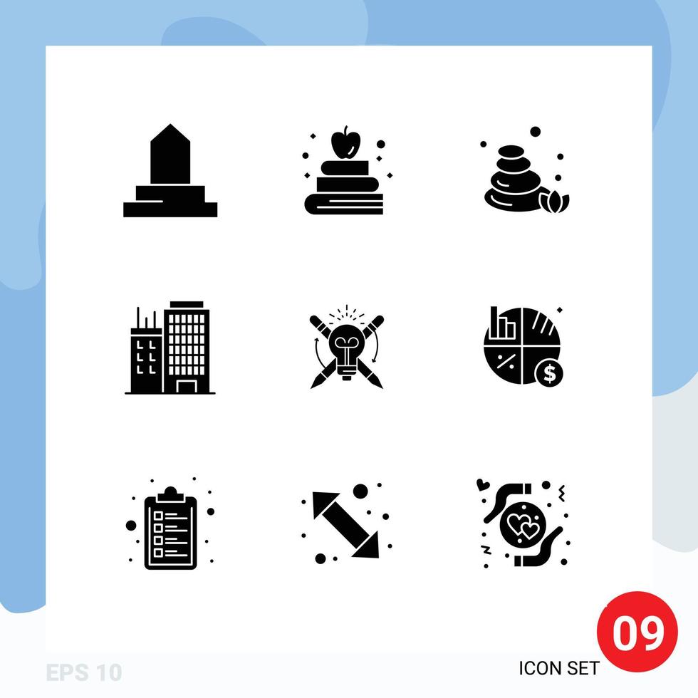 Mobile Interface Solid Glyph Set of 9 Pictograms of focus bulb sauna success office Editable Vector Design Elements