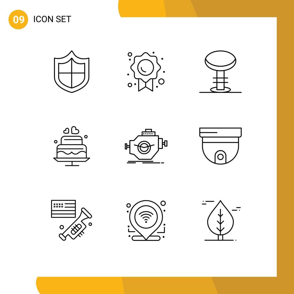 9 User Interface Outline Pack of modern Signs and Symbols of machine engine furniture wedding love Editable Vector Design Elements