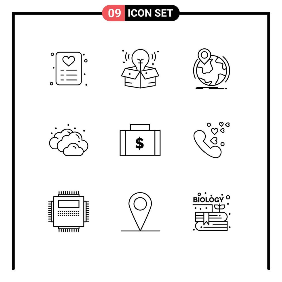 Pack of 9 Modern Outlines Signs and Symbols for Web Print Media such as money dollar worldwide bag cloudy Editable Vector Design Elements