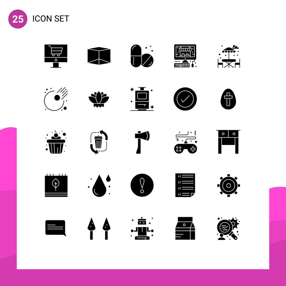 Universal Icon Symbols Group of 25 Modern Solid Glyphs of meteor asteroid medical park table Editable Vector Design Elements