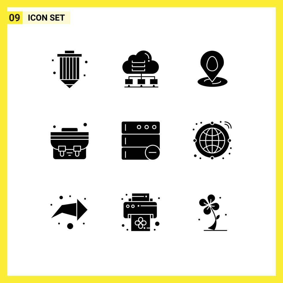 Universal Icon Symbols Group of 9 Modern Solid Glyphs of database school bag connect bag map Editable Vector Design Elements