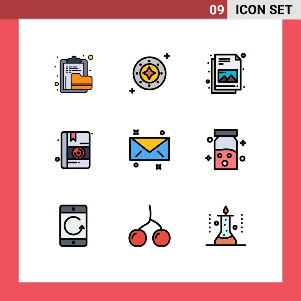 9 paquete de color plano de línea de relleno de interfaz de usuario de signos y símbolos modernos de espacio de medicina de mensaje elementos de diseño de vector editables de archivos médicos
