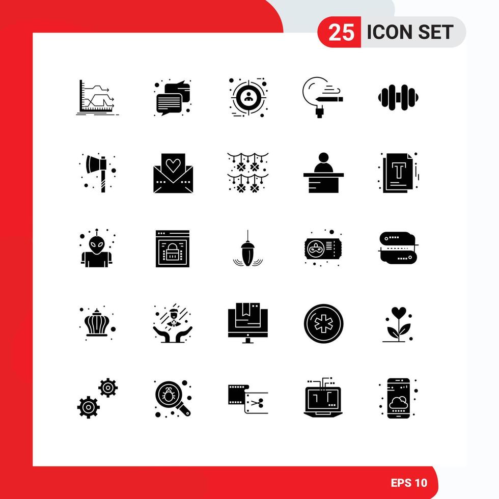 Mobile Interface Solid Glyph Set of 25 Pictograms of dumbbell school focus learning education Editable Vector Design Elements