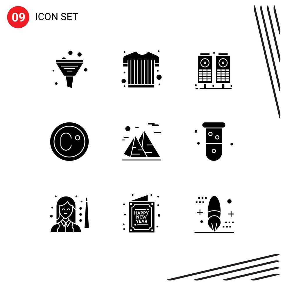 Set of 9 Commercial Solid Glyphs pack for moon hiking music mountain degree Editable Vector Design Elements