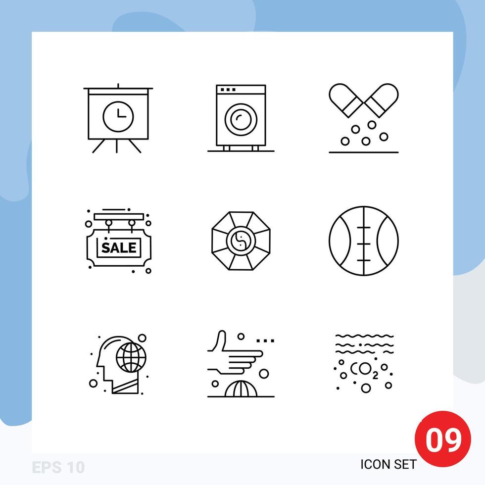 Universal Icon Symbols Group of 9 Modern Outlines of mirror sale board capsule sale info Editable Vector Design Elements