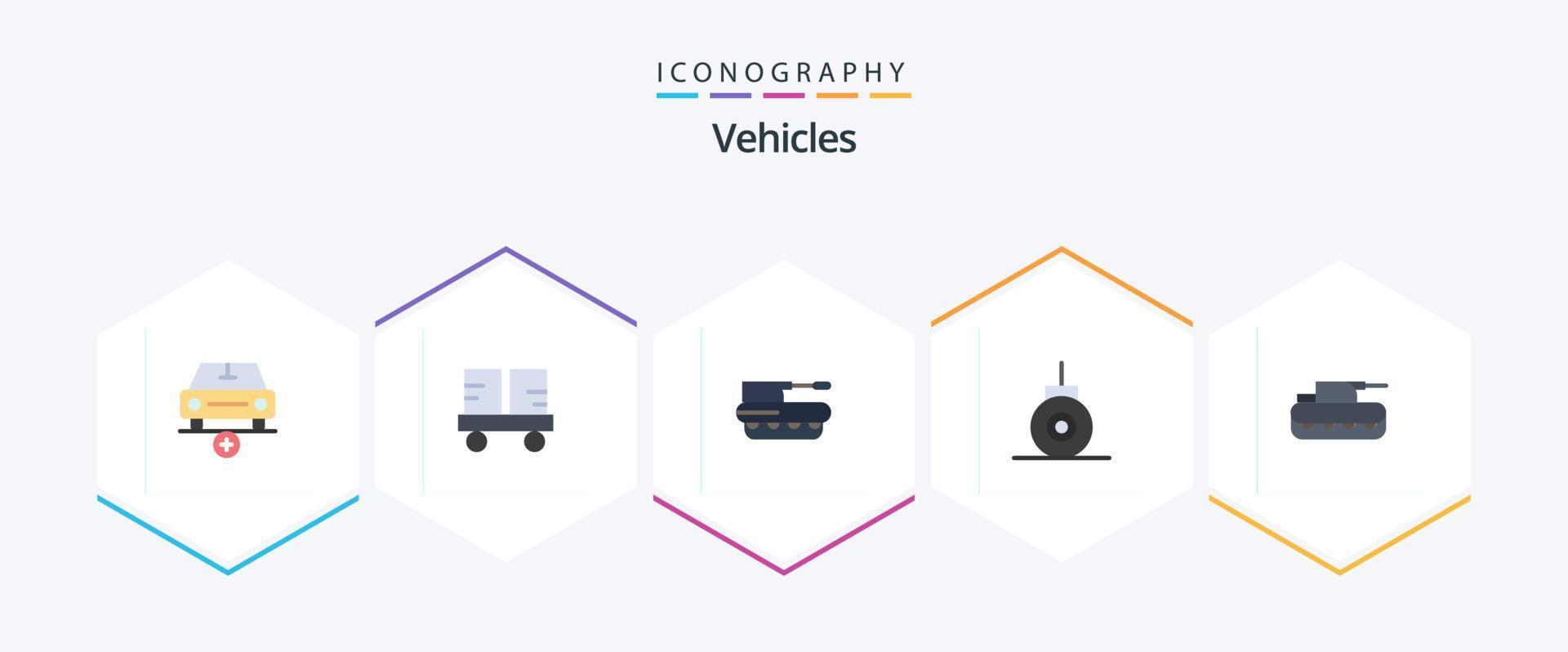 Vehicles 25 Flat icon pack including submarine. bathyscaph. forklift truck. tank. military vector