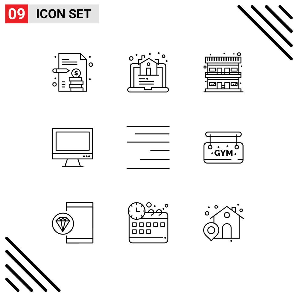 Group of 9 Outlines Signs and Symbols for right pc accommodation imac monitor Editable Vector Design Elements