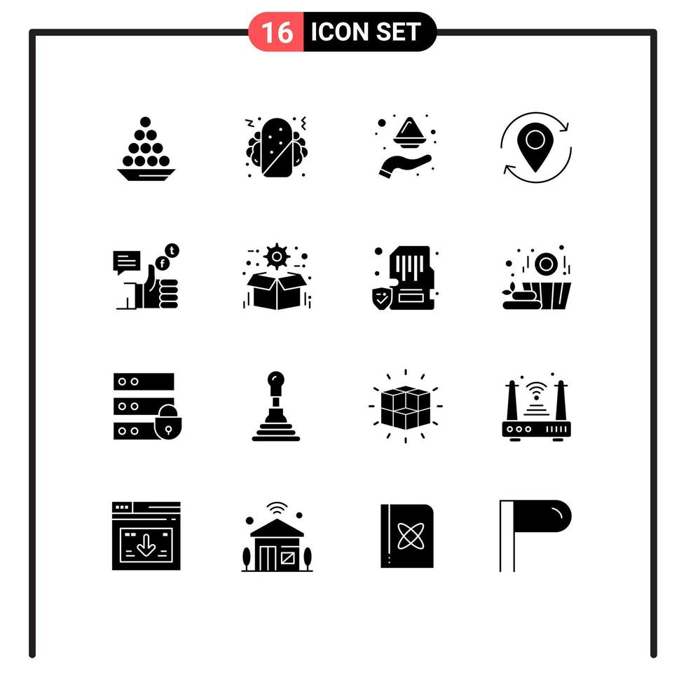 Group of 16 Solid Glyphs Signs and Symbols for map arrow fast food powder plate Editable Vector Design Elements