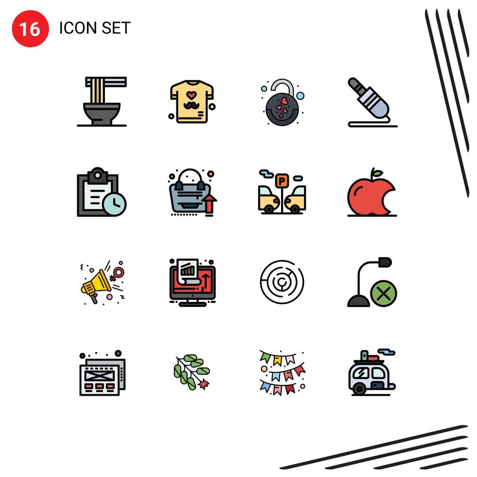 símbolos de iconos universales grupo de 16 líneas de tareas llenas de colores planos modernos tecnología corazón pin cable de audio elementos de diseño de vectores creativos editables