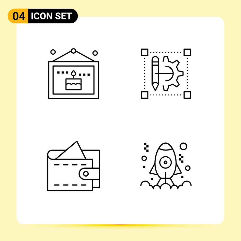Pictogram Set of 4 Simple Filledline Flat Colors of birthday cash picture cog wheel wallet Editable Vector Design Elements