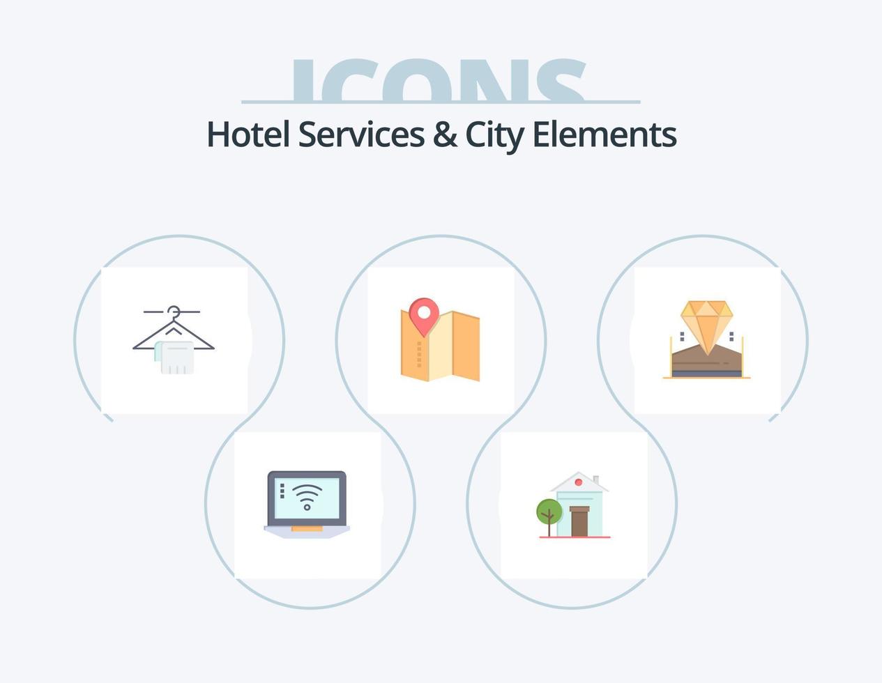 servicios de hotel y elementos de la ciudad paquete de iconos planos 5 diseño de iconos. joya. brillante. percha. Servicio. localización vector