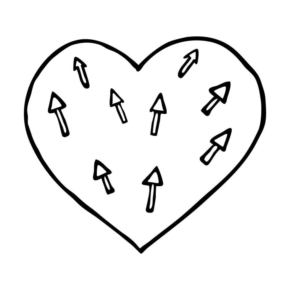 Vector doodle heart with arrow pattern. Isolated linear black contour of heart on white background