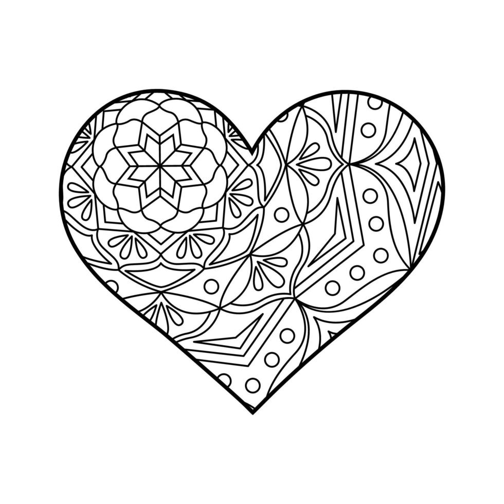 Vector heart linear illustration with floral. Outline geometric and floral ornaments. Valentine's Day coloring