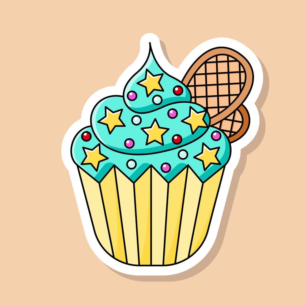 Vector cartoon cupcake sticker. Isolated sweet dessert with chocolate dots and waffles and stars