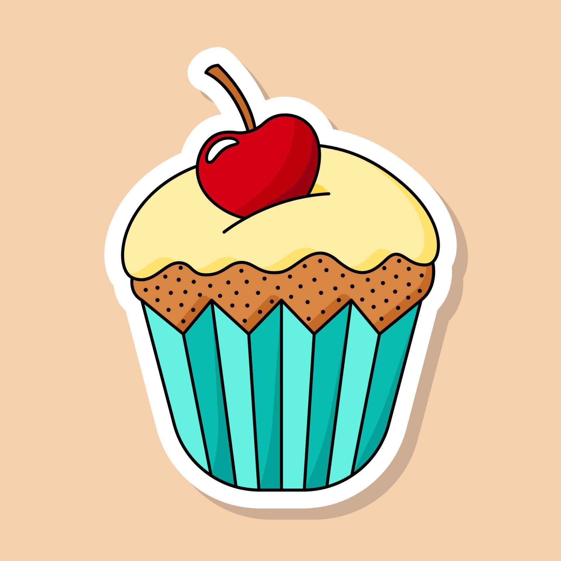 Vector cartoon cupcake sticker. Isolated sweet dessert with cherry