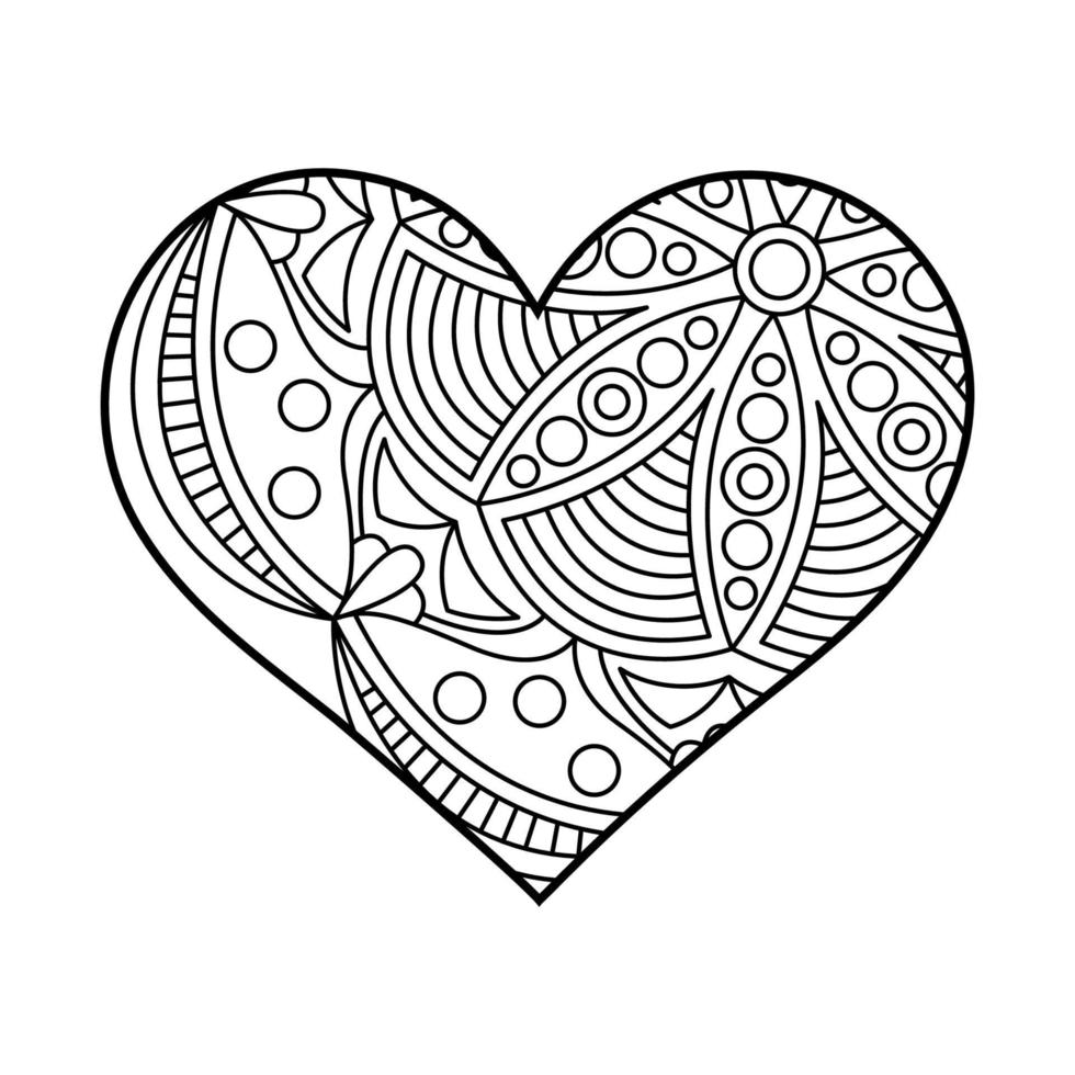 Vector heart linear illustration with floral. Outline geometric and floral ornaments. Valentine's Day coloring