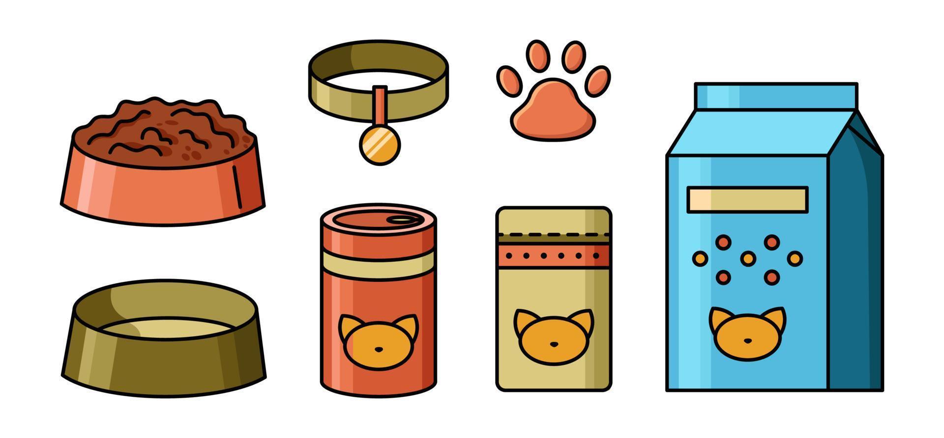 Vector cartoon set of cat food and cat bowl. Isolated icons of pet food packaging, paw and collar with gold medal