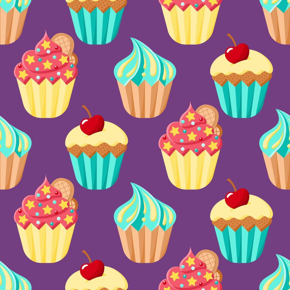 Cupcakes vector seamless pattern. Cartoon colorful desserts on purple backdrop