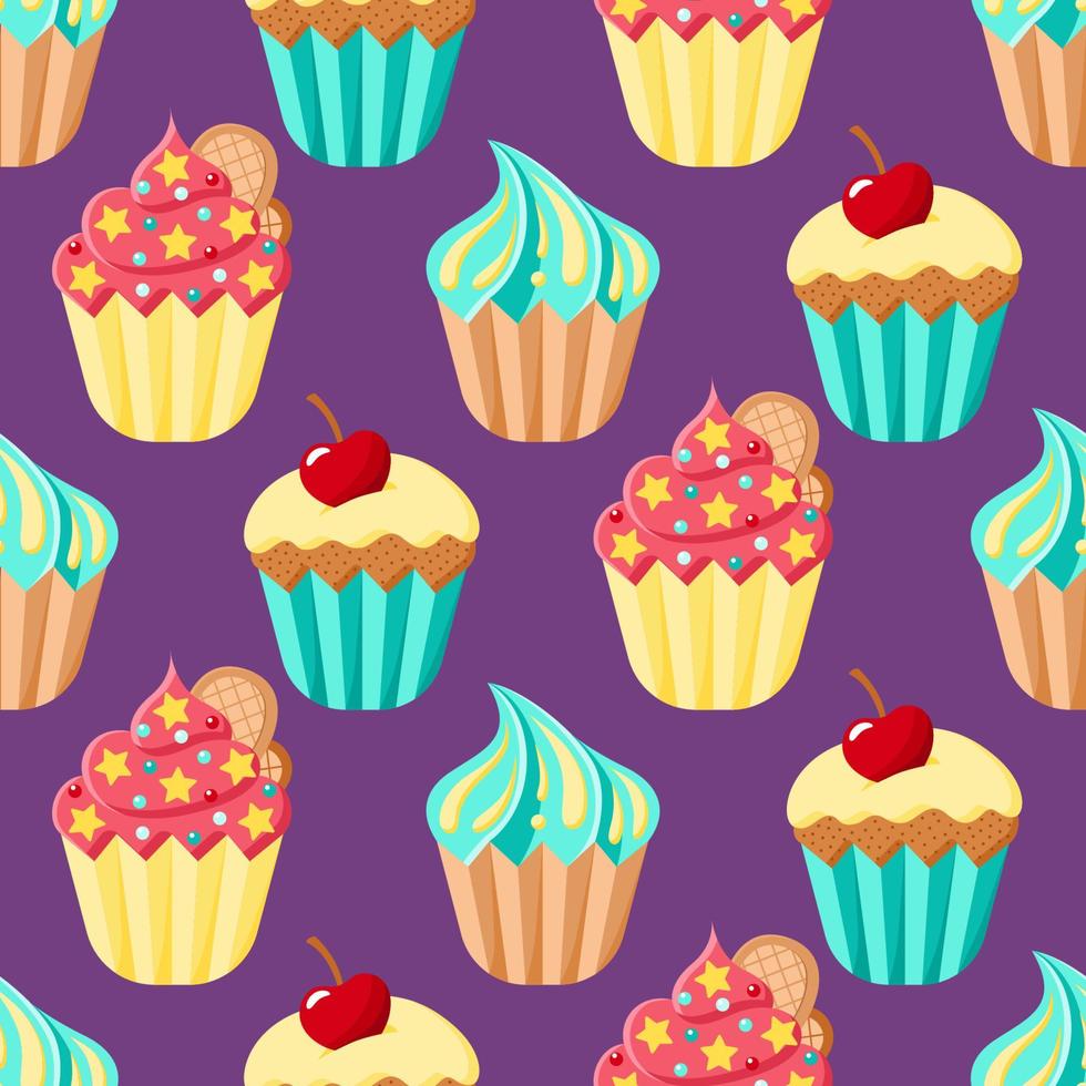 Cupcakes vector seamless pattern. Cartoon colorful desserts on purple backdrop