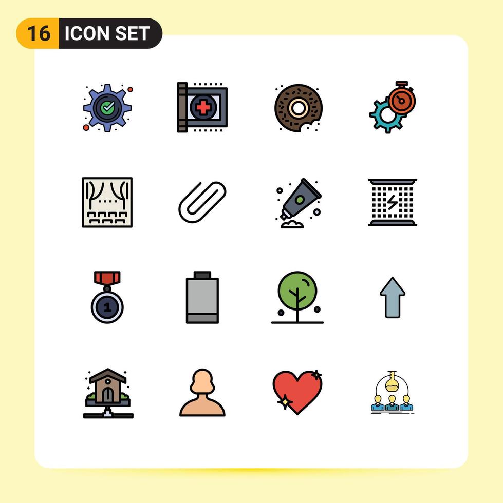 16 User Interface Flat Color Filled Line Pack of modern Signs and Symbols of watch gear health time sweets Editable Creative Vector Design Elements