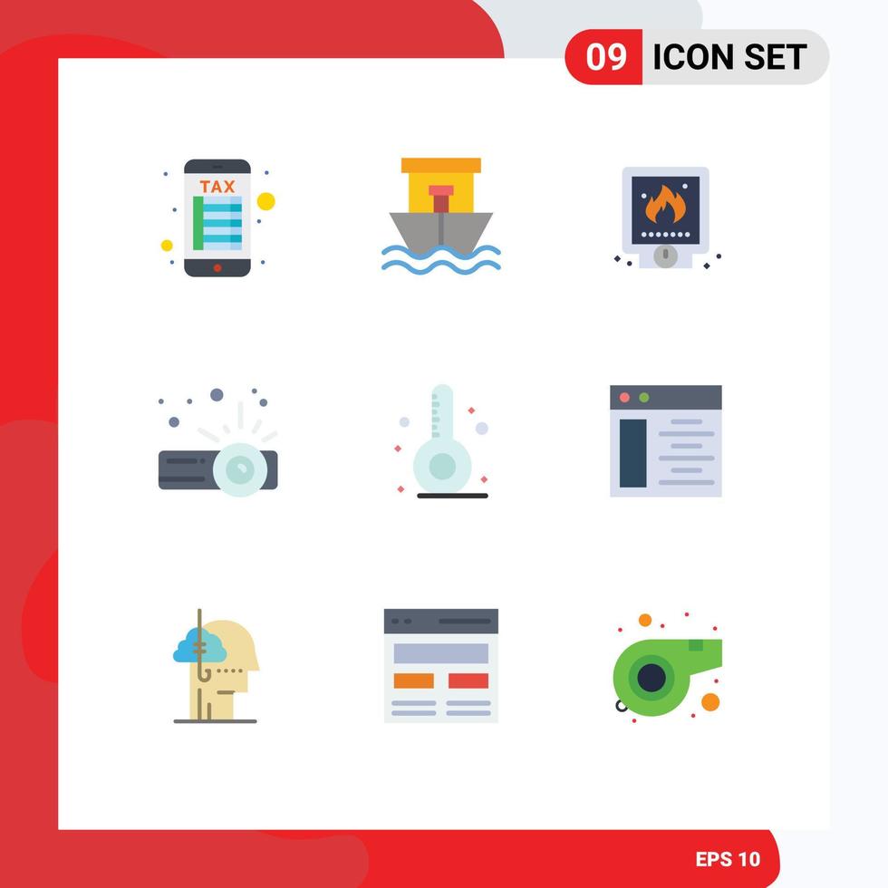 Pack of 9 creative Flat Colors of thermometer beach plumber projector device Editable Vector Design Elements