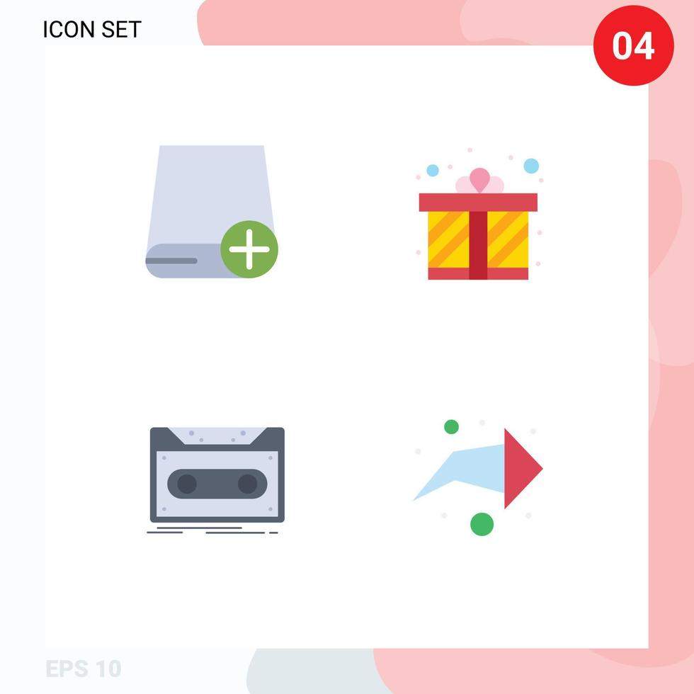 Group of 4 Modern Flat Icons Set for add cassette drive gift box record Editable Vector Design Elements