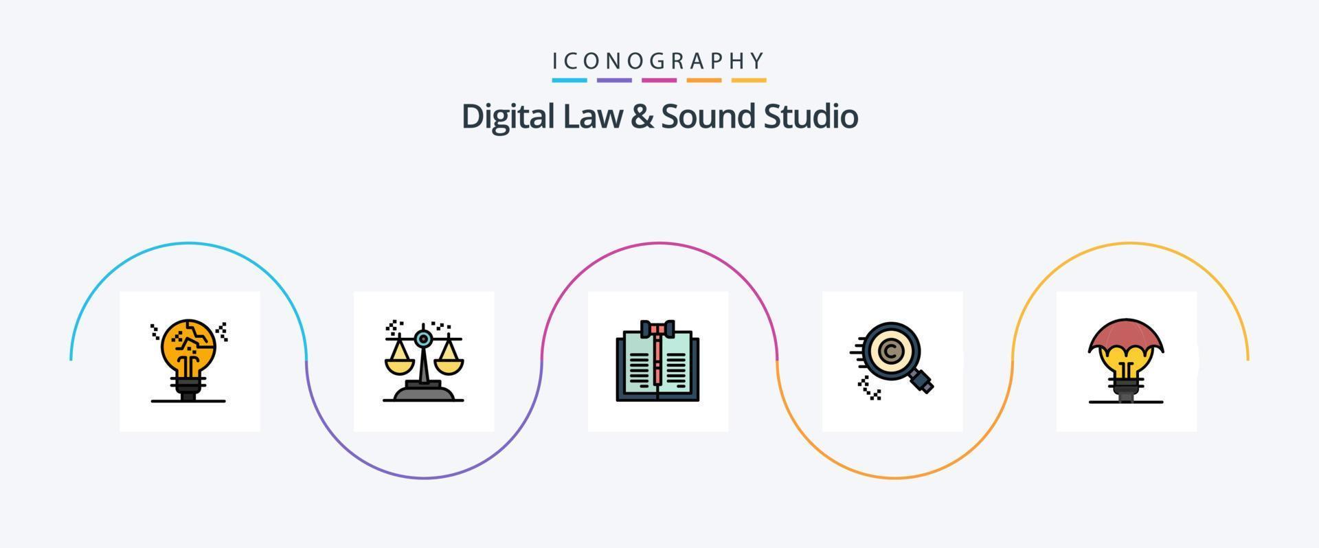 Digital Law And Sound Studio Line Filled Flat 5 Icon Pack Including find. content. judgment. records. digital vector