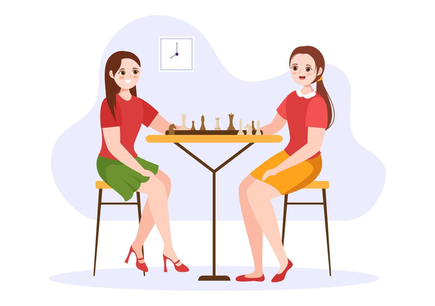 Chess Board Game Illustration with People Sitting Opposite and Playing for Web Banner or Landing Page in Cartoon Hand Drawn Templates Illustration vector