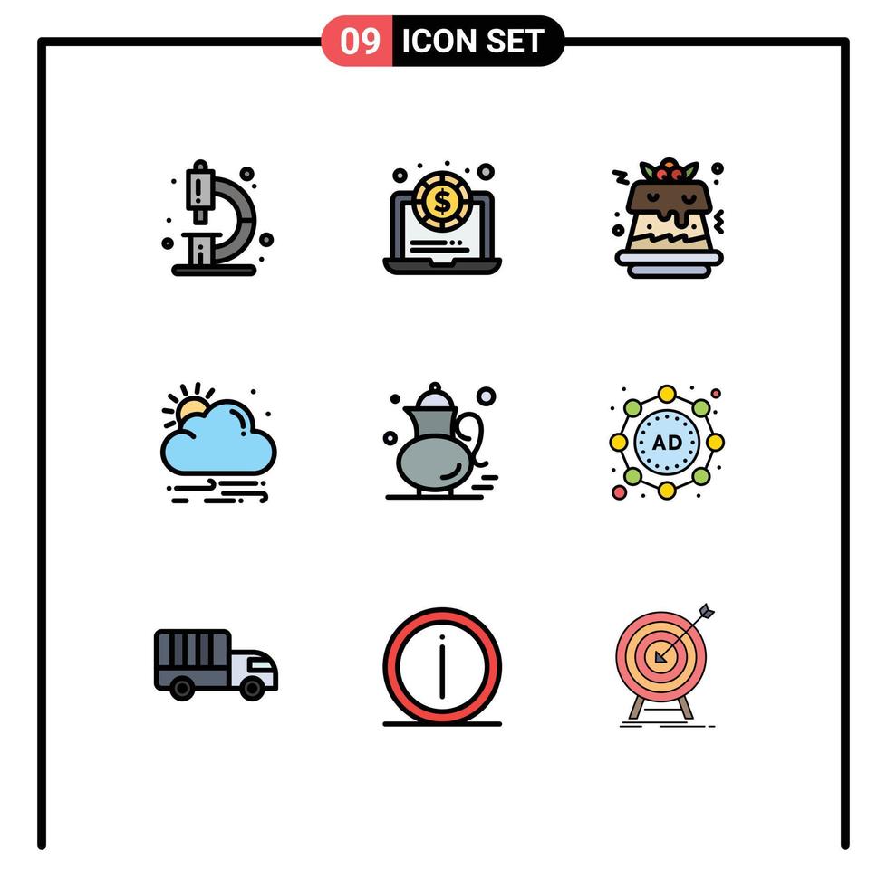 conjunto de 9 iconos de interfaz de usuario modernos signos de símbolos para elementos de diseño vectorial editables de gree tea pot cake tea sun vector