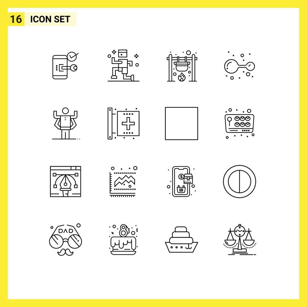 Pack of 16 Modern Outlines Signs and Symbols for Web Print Media such as lab chemistry running atoms cook Editable Vector Design Elements