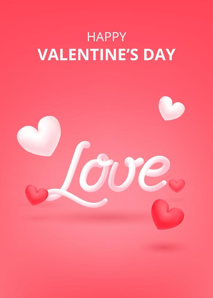 Valentines day pink romantic background with 3d balloon hearts. Realistic 3d love design. Vector illustration. Romantic lettering. Vector illustration for website, posters, ads, coupons, promotion.
