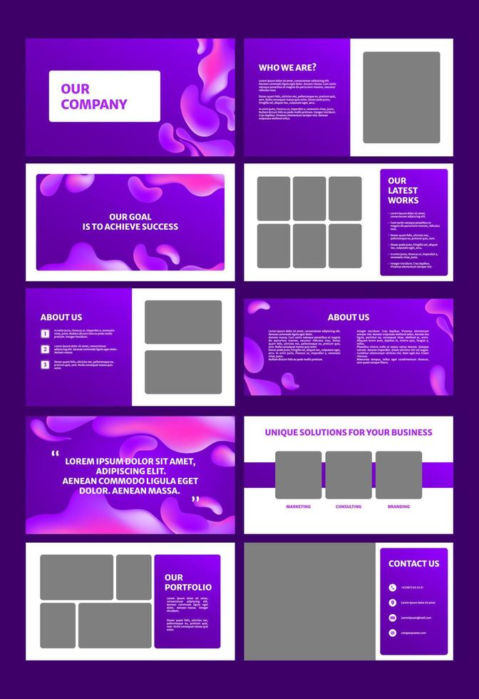 Set of modern powerpoint presentation template. Presentation design, portfolio vector templates with flowing colorful trendy gradients of geometric shapes. Slide page, flyer, website, company profile