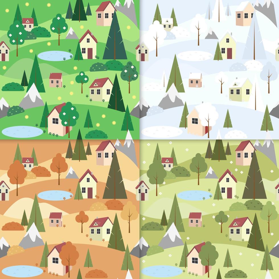 Seamless pattern vacation in the Countryside. Spring, summer, autumn, winter season outdoor landscape trees, hills, cozy houses, people and lakes. Children playing.  Vector illustration.